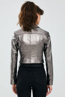 Joy Silver Women's Biker Short Leather Jacket | Derimod Joy Silver Women's Biker Short Leather Jacket | Derimod