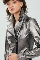 Joy Silver Women's Biker Short Leather Jacket | Derimod Joy Silver Women's Biker Short Leather Jacket | Derimod