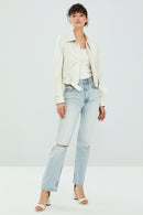 Sirena Women's White Short Leather Jacket | Derimod Sirena Women's White Short Leather Jacket | Derimod