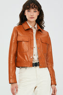Emma Tile Women's Short Leather Jacket | Derimod Emma Tile Women's Short Leather Jacket | Derimod