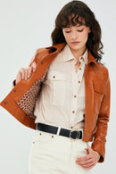 Emma Tile Women's Short Leather Jacket | Derimod Emma Tile Women's Short Leather Jacket | Derimod