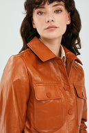 Emma Tile Women's Short Leather Jacket | Derimod Emma Tile Women's Short Leather Jacket | Derimod