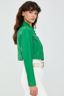 Mona Women's Green Short Leather Jacket | Derimod Mona Women's Green Short Leather Jacket | Derimod