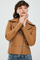 Petra Women's Tan Biker Leather Jacket | Derimod Petra Women's Tan Biker Leather Jacket | Derimod