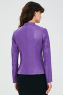 Joel Women's Purple Slim-Fit Short Leather Jacket | Derimod Joel Women's Purple Slim-Fit Short Leather Jacket | Derimod