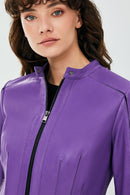 Joel Women's Purple Slim-Fit Short Leather Jacket | Derimod Joel Women's Purple Slim-Fit Short Leather Jacket | Derimod