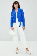 Newage Women's Blue Biker Leather Jacket | Derimod Newage Women's Blue Biker Leather Jacket | Derimod