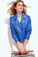 Newage Women's Blue Biker Leather Jacket | Derimod Newage Women's Blue Biker Leather Jacket | Derimod
