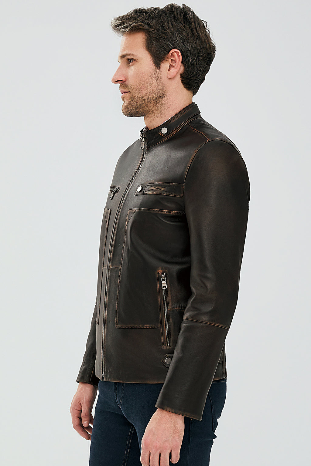 Jokic Kahverengi Erkek Vintage Slim-Fit Deri Ceket