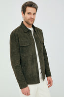 Navas Men Green Shirt Style Suede Leather Jacket | Derimod Navas Men Green Shirt Style Suede Leather Jacket | Derimod