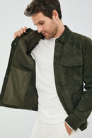 Navas Men Green Shirt Style Suede Leather Jacket | Derimod Navas Men Green Shirt Style Suede Leather Jacket | Derimod