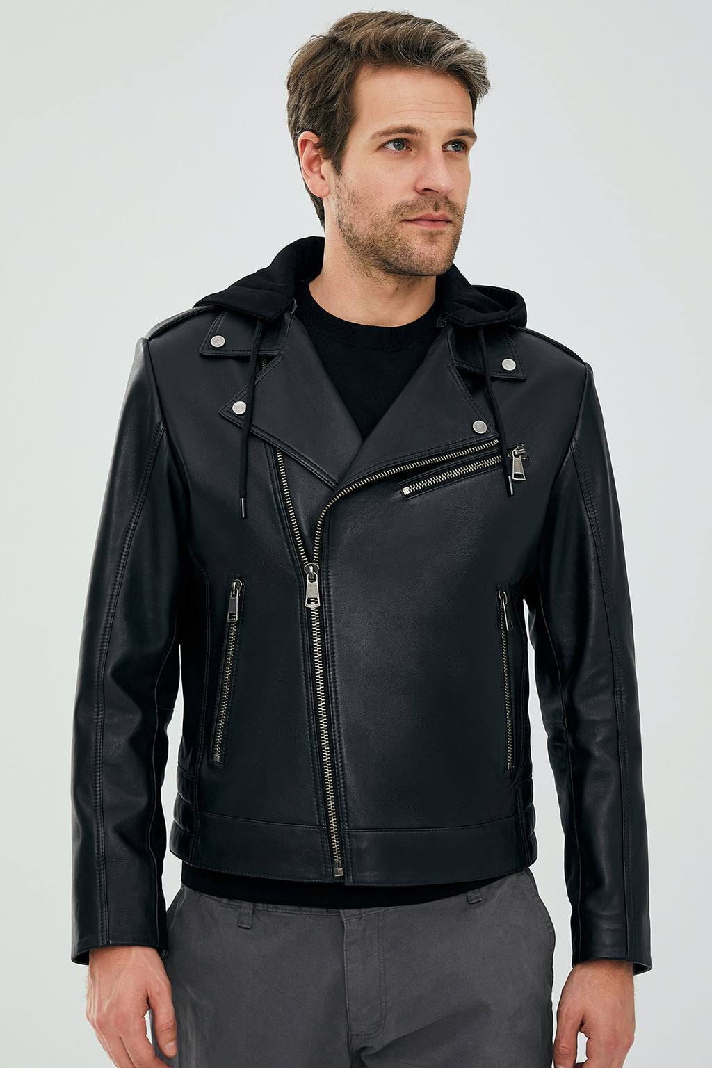 Lowry Erkek Siyah Kapüşonlu Deri Biker Mont