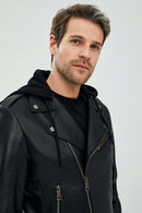 Lowry Men's Black Hooded Leather Biker Coat | Derimod Lowry Men's Black Hooded Leather Biker Coat | Derimod