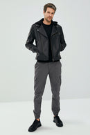 Lowry Men's Black Hooded Leather Biker Coat | Derimod Lowry Men's Black Hooded Leather Biker Coat | Derimod