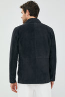 Bonucci Men's Dark Navy Blue Safari Blazer Suede Leather Jacket | Derimod Bonucci Men's Dark Navy Blue Safari Blazer Suede Leather Jacket | Derimod