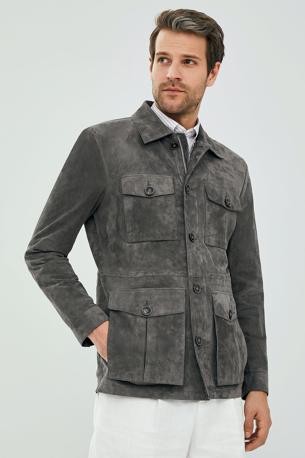 Bonucci Erkek Gri Safari Blazer Süet Deri Ceket