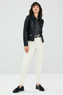 Hannah Women's Black Regular Short Leather Jacket | Derimod Hannah Women's Black Regular Short Leather Jacket | Derimod