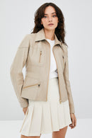 Hannah Women's Stone Color Leather Jacket | Derimod Hannah Women's Stone Color Leather Jacket | Derimod