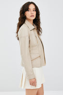Hannah Women's Stone Color Leather Jacket | Derimod Hannah Women's Stone Color Leather Jacket | Derimod