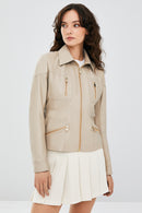Hannah Women's Stone Color Leather Jacket | Derimod Hannah Women's Stone Color Leather Jacket | Derimod