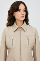 Hannah Women's Stone Color Leather Jacket | Derimod Hannah Women's Stone Color Leather Jacket | Derimod