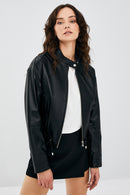 Flora Women's Black Leather Jacket | Derimod Flora Women's Black Leather Jacket | Derimod