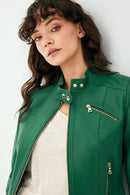Kylie Women's Green Leather Jacket | Derimod Kylie Women's Green Leather Jacket | Derimod