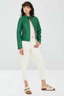 Kylie Women's Green Leather Jacket | Derimod Kylie Women's Green Leather Jacket | Derimod