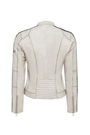 Ladyracer Women's White Embroidered Short Leather Jacket | Derimod Ladyracer Women's White Embroidered Short Leather Jacket | Derimod