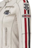 Ladyracer Women's White Embroidered Short Leather Jacket | Derimod Ladyracer Women's White Embroidered Short Leather Jacket | Derimod