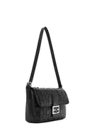 Women's Black Knitted Patterned Long Strap Shoulder Bag | Derimod Women's Black Knitted Patterned Long Strap Shoulder Bag | Derimod