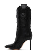 Women's Black Leather High Heeled Cowboy Boots | Derimod Women's Black Leather High Heeled Cowboy Boots | Derimod