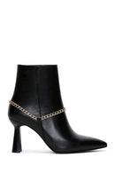 Women's Black Leather Zippered Chain Heeled Classic Boots | Derimod Women's Black Leather Zippered Chain Heeled Classic Boots | Derimod