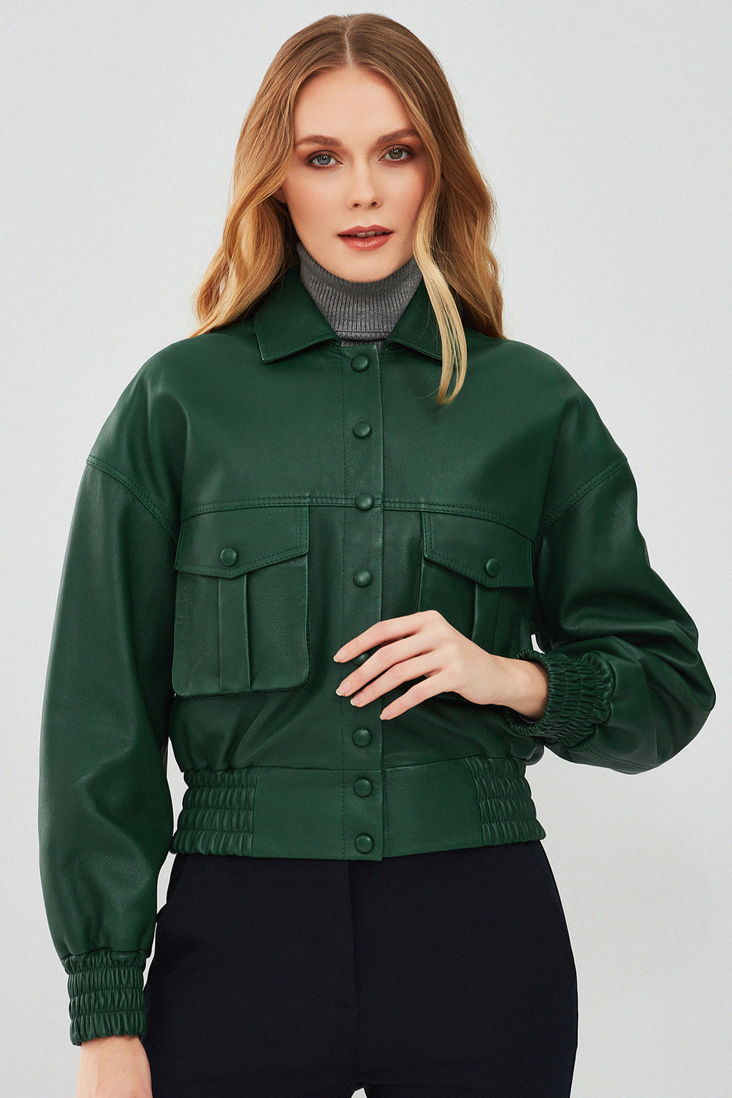 Chloe Kadın Yeşil Oversize Kısa Deri Mont