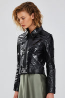Sirena Women's Black Short Leather Jacket | Derimod Sirena Women's Black Short Leather Jacket | Derimod