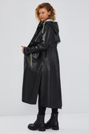 Rihanna Women's Black Hooded Leather Trench Coat | Derimod Rihanna Women's Black Hooded Leather Trench Coat | Derimod