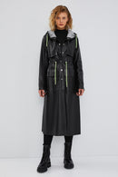 Rihanna Women's Black Hooded Leather Trench Coat | Derimod Rihanna Women's Black Hooded Leather Trench Coat | Derimod