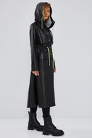 Rihanna Women's Black Hooded Leather Trench Coat | Derimod Rihanna Women's Black Hooded Leather Trench Coat | Derimod