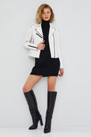Bella Women's White Slim-Fit Biker Leather Jacket | Derimod Bella Women's White Slim-Fit Biker Leather Jacket | Derimod