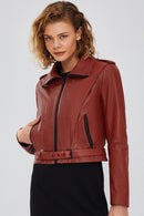 Harper Women's Brown Short Leather Jacket | Derimod Harper Women's Brown Short Leather Jacket | Derimod