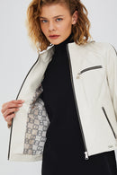 Tara Women's Beige Short Leather Jacket | Derimod Tara Women's Beige Short Leather Jacket | Derimod