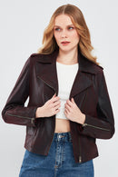 Amor Women's Burgundy Biker Leather Jacket | Derimod Amor Women's Burgundy Biker Leather Jacket | Derimod