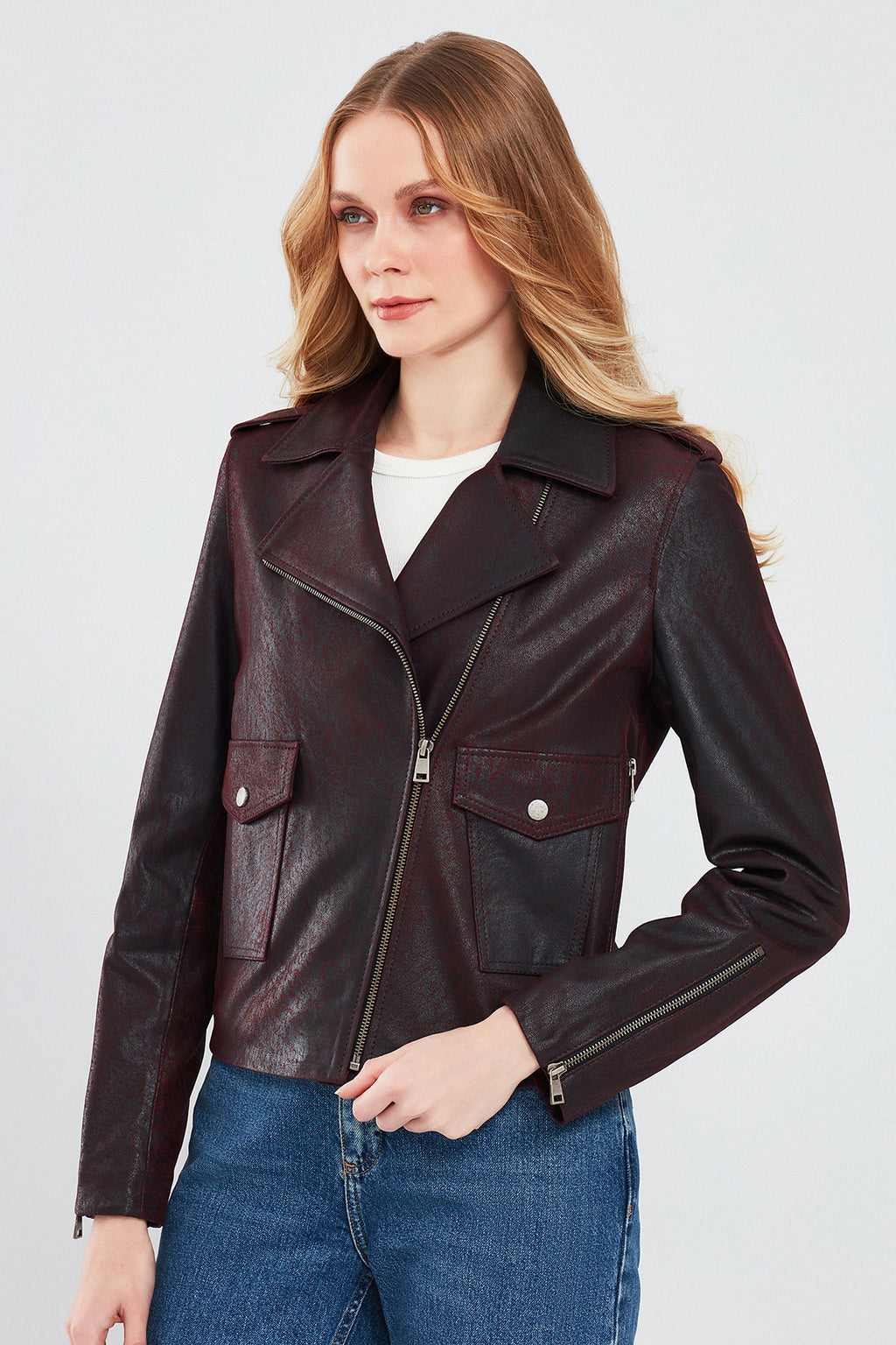 Amor Kadın Bordo Biker Deri Ceket