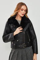 Mexico Women Black Teddy Biker Leather Jacket | Derimod Mexico Women Black Teddy Biker Leather Jacket | Derimod