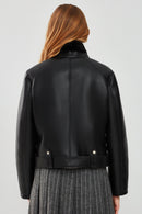 Mexico Women Black Teddy Biker Leather Jacket | Derimod Mexico Women Black Teddy Biker Leather Jacket | Derimod