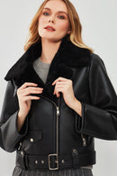 Mexico Women Black Teddy Biker Leather Jacket | Derimod Mexico Women Black Teddy Biker Leather Jacket | Derimod