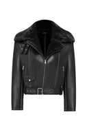 Mexico Women Black Teddy Biker Leather Jacket | Derimod Mexico Women Black Teddy Biker Leather Jacket | Derimod