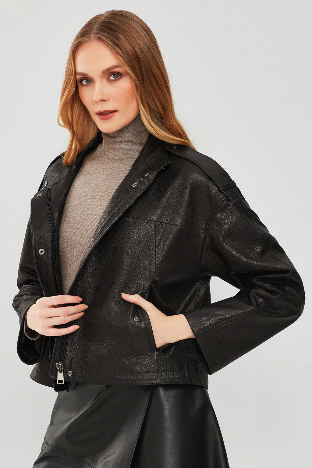 Cassy Kadın Siyah Oversize Deri Ceket
