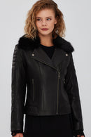 Brooklyn Women's Black Fur Collar Biker Leather Jacket | Derimod Brooklyn Women's Black Fur Collar Biker Leather Jacket | Derimod