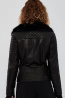 Brooklyn Women's Black Fur Collar Biker Leather Jacket | Derimod Brooklyn Women's Black Fur Collar Biker Leather Jacket | Derimod